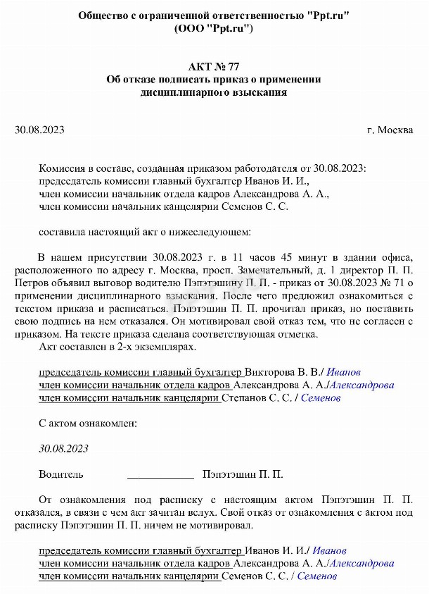 Образец акта об отказе подписи в приказе в 2024 году. Акт об отказе ...