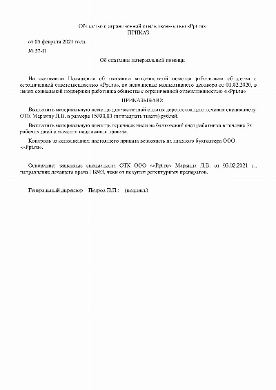 Образец составления приказа о выплате материальной помощи в 2024 году