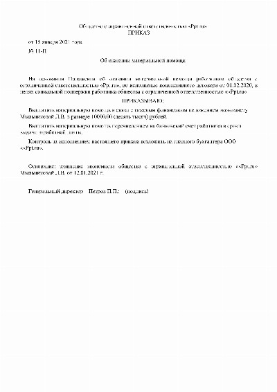 Образец составления приказа о выплате материальной помощи в 2024 году