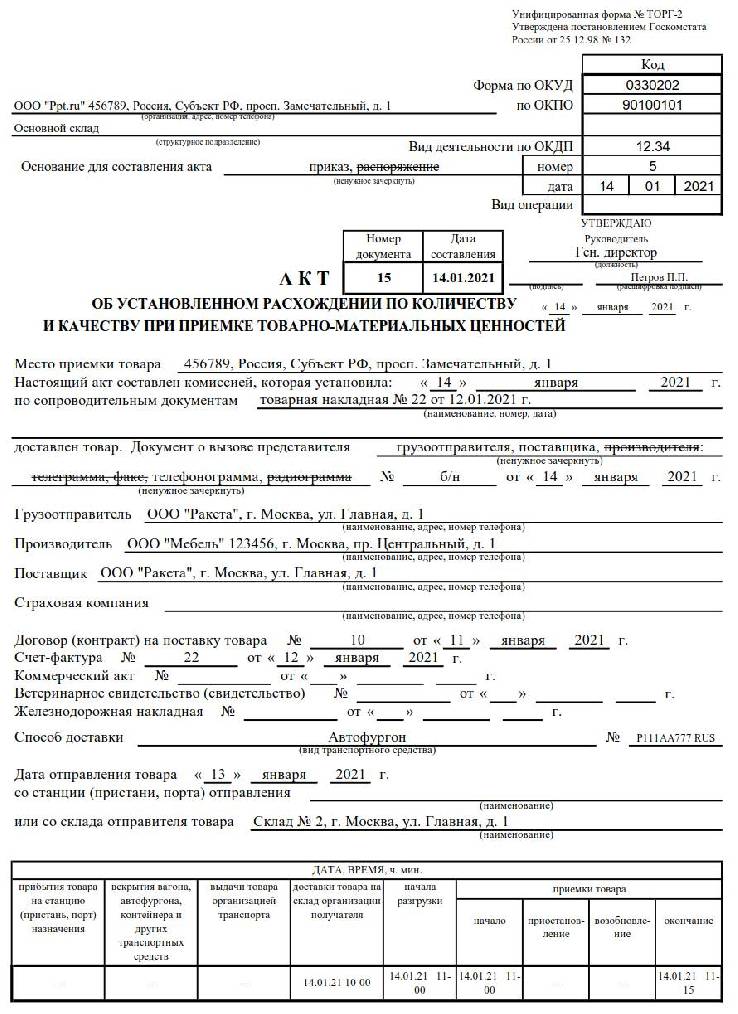 Торг 1 акт о приемке товаров образец