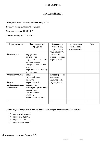 Расчетный лист при увольнении образец