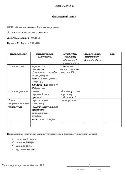 Приказ об утверждении обходного листа при увольнении образец