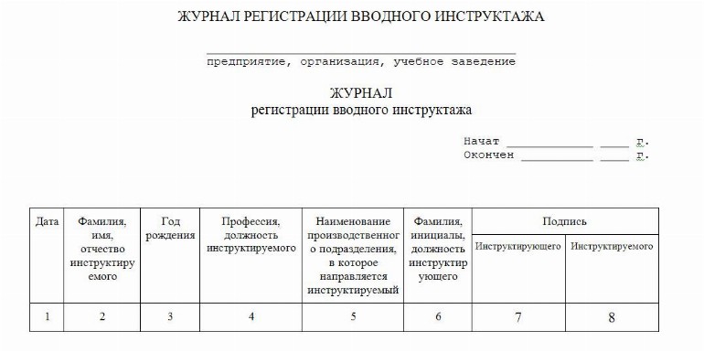 Журнал вводного инструктажа образец заполнения