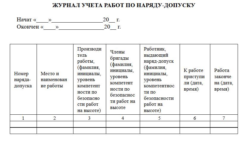 Журнал работ на высоте образец