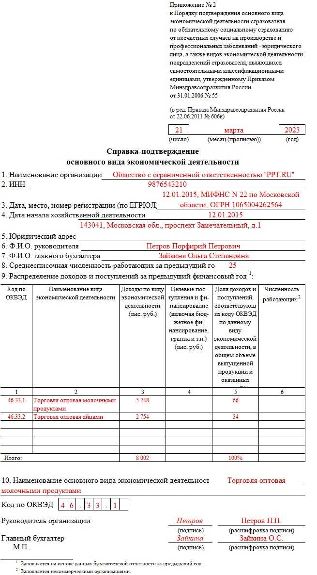 Образец справки подтверждения основного вида деятельности 2022 году