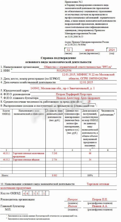 Образец заявления о подтверждении основного вида деятельности в ФСС ...