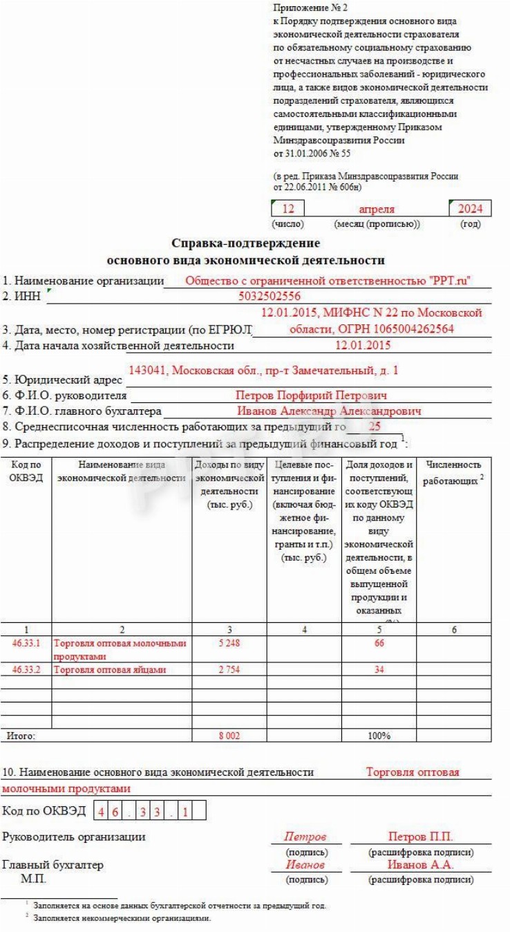 Образец заявления о подтверждении основного вида деятельности в ФСС ...