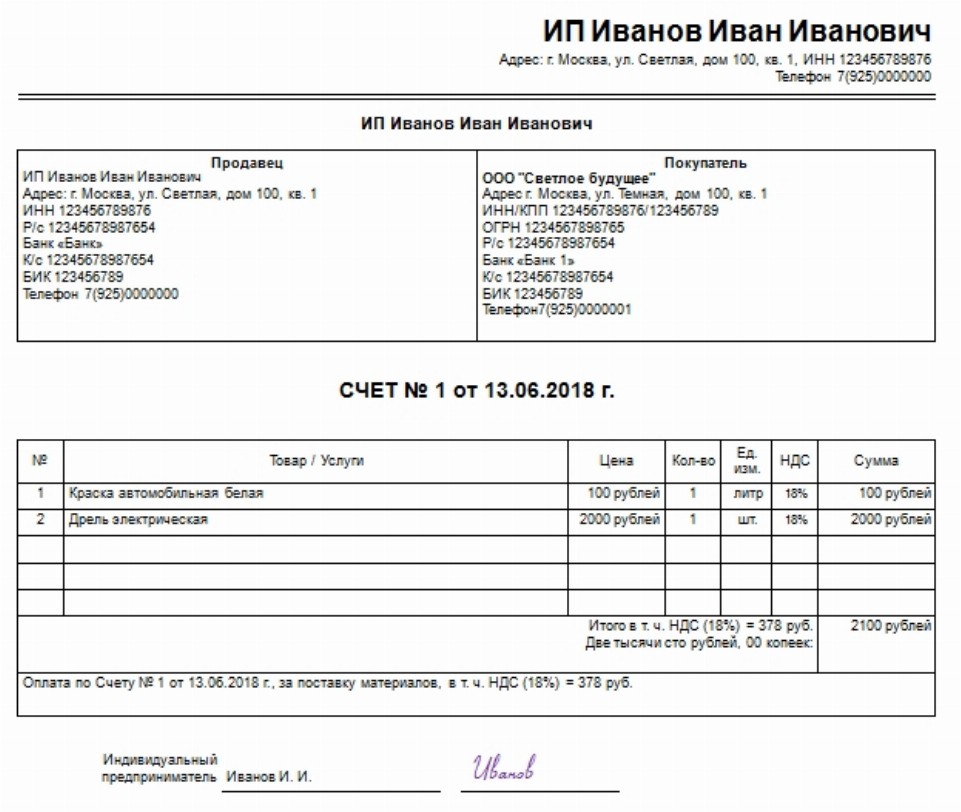 Счет на оплату от физического лица образец