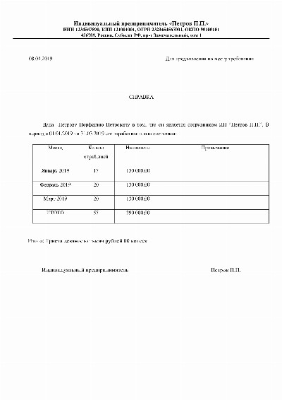 Справка о доходах от ип работнику образец