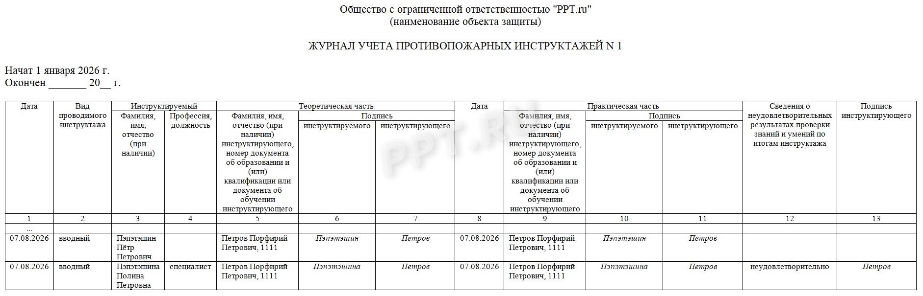 Образец заполнения журнала учета противопожарных инструктажей Образец заполнения журнала учета противопожарных инструктажей