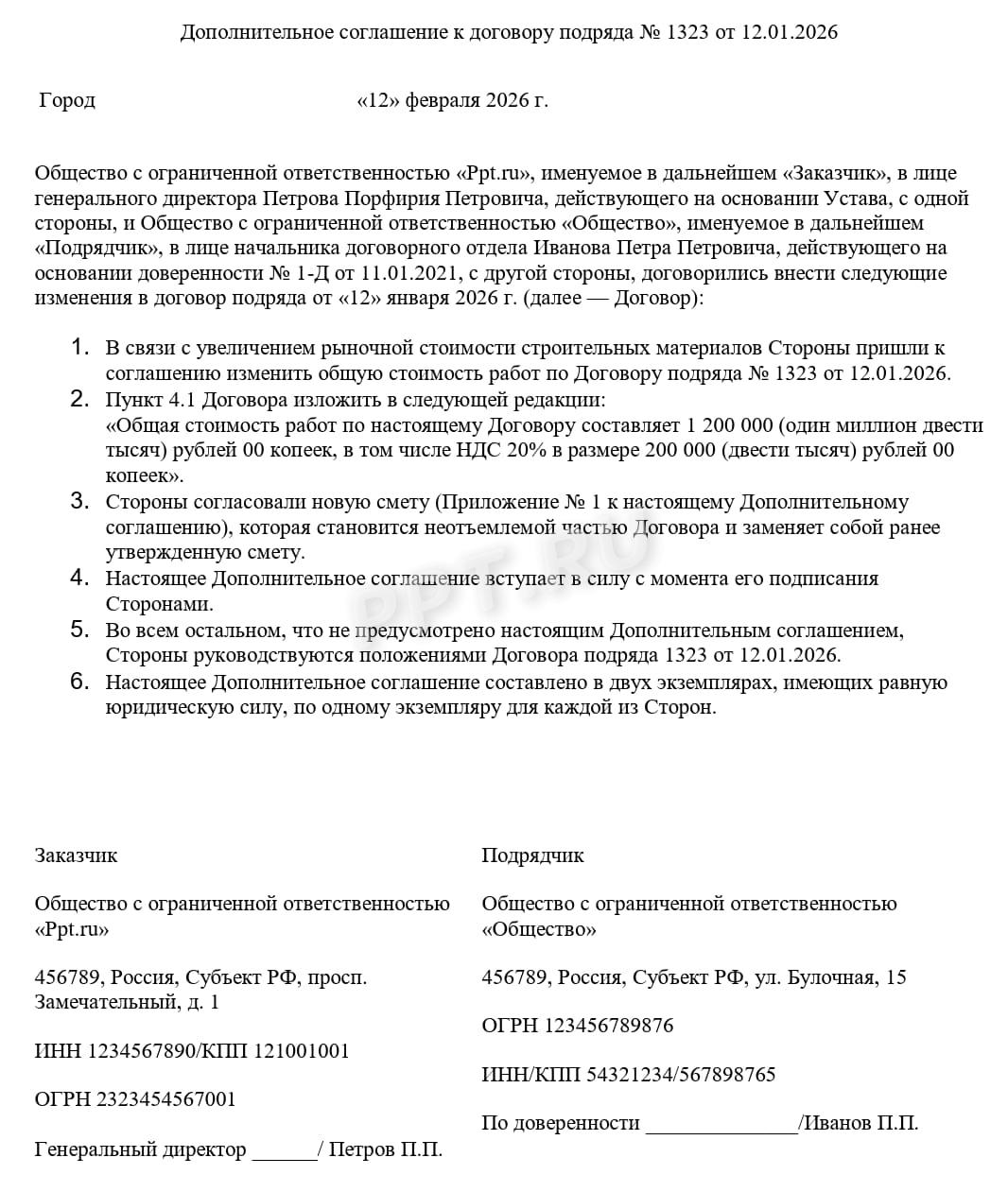 Образец допсоглашения к договору подряда об изменении цены Образец допсоглашения к договору подряда об изменении цены