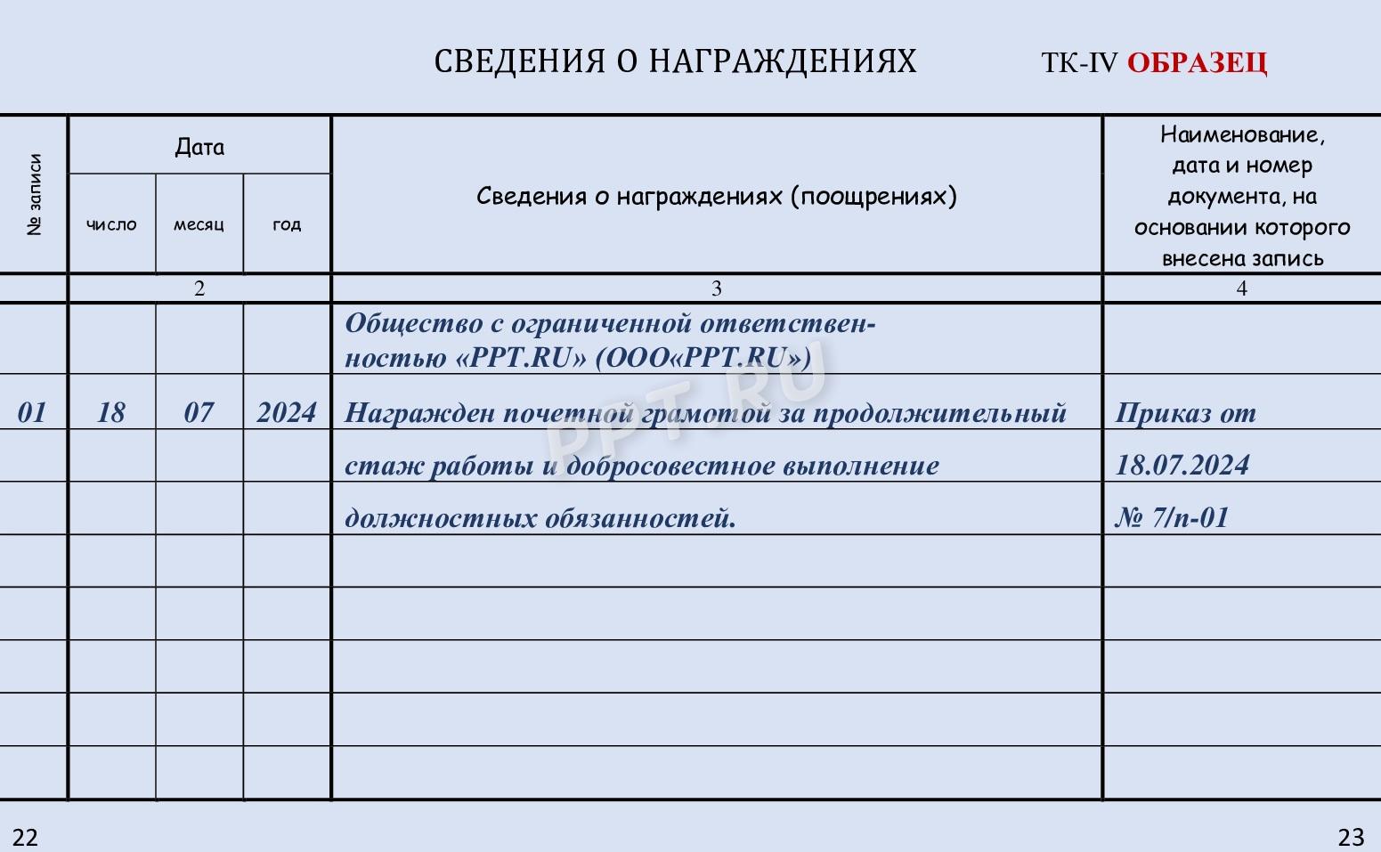 Запись о награждении в ТК