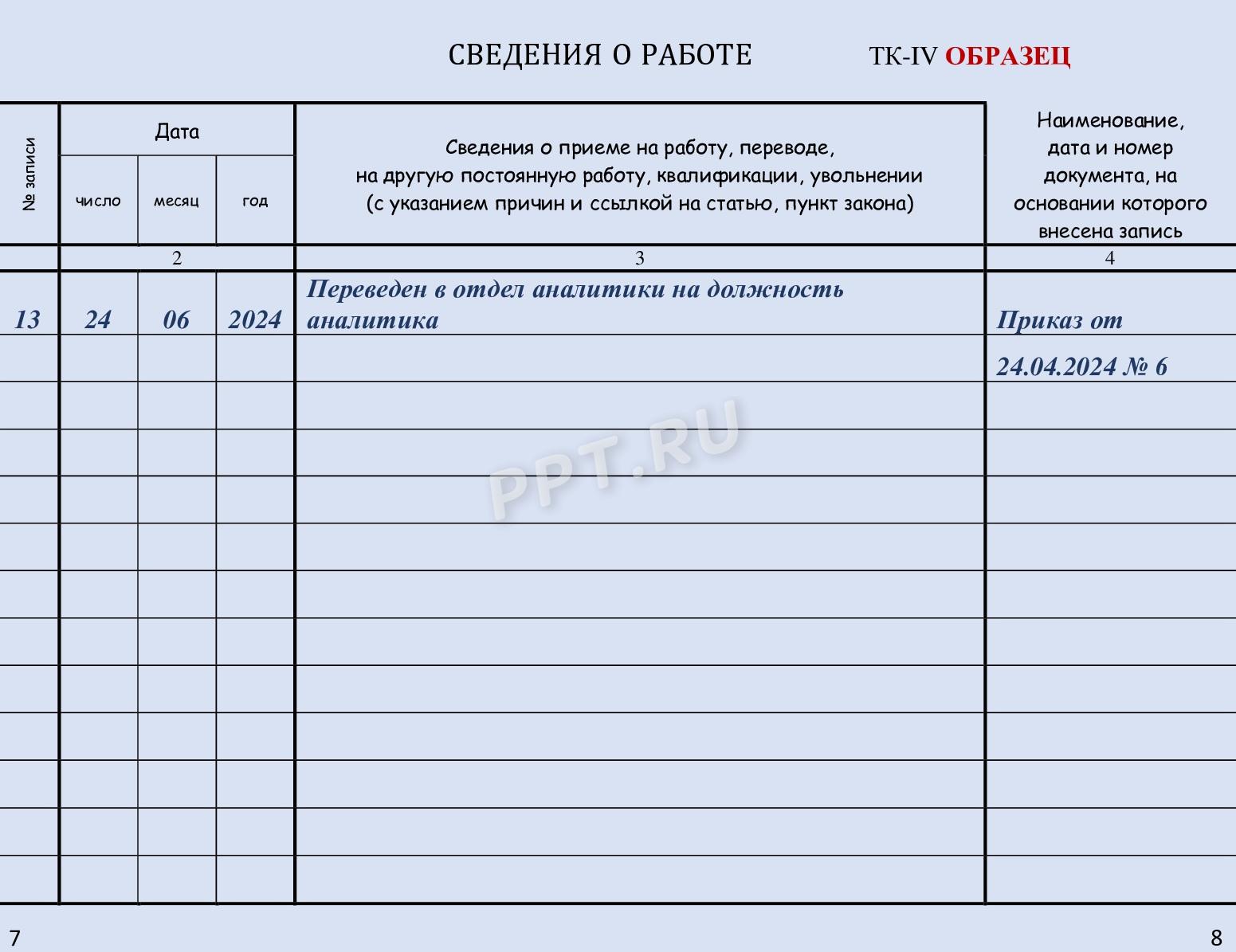 Образец заполнения трудовой книжки в 2024 году. Оформление записи в  трудовой книжке