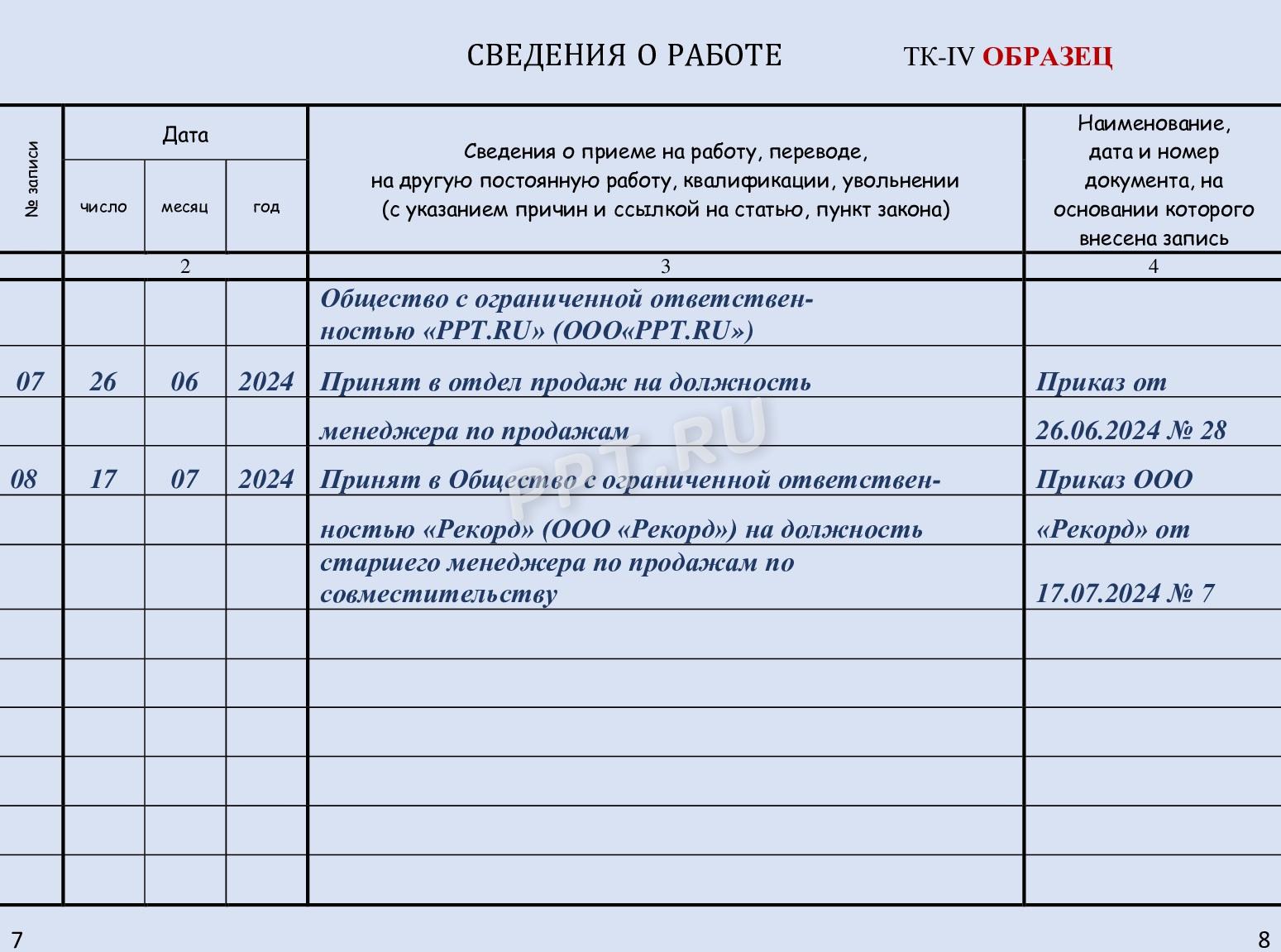 Образец заполнения трудовой книжки в 2024 году. Оформление записи в  трудовой книжке