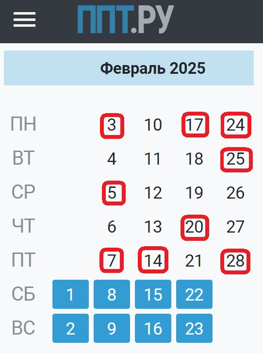 Календарь отчетности в феврале 2025 года