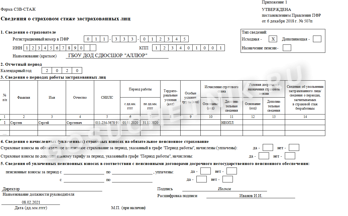 Сзв стаж за 2021 года новая форма образец заполнения