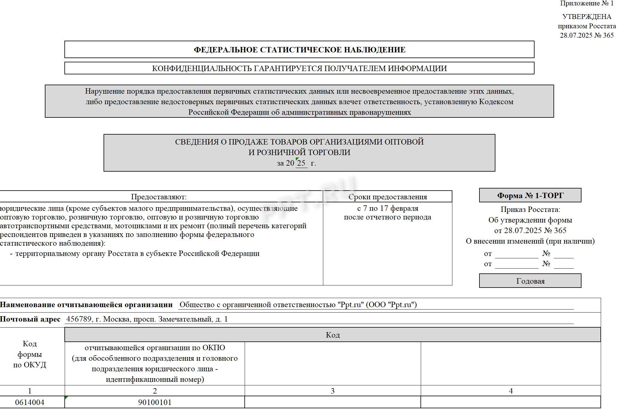 Титульный лист формы 1-ТОРГ