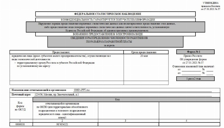 Форма 1 сведения о распределении численности работников по размерам заработной платы бланк образец