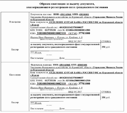 Образец квитанции на оплату госпошлины в суд за подачу искового заявления