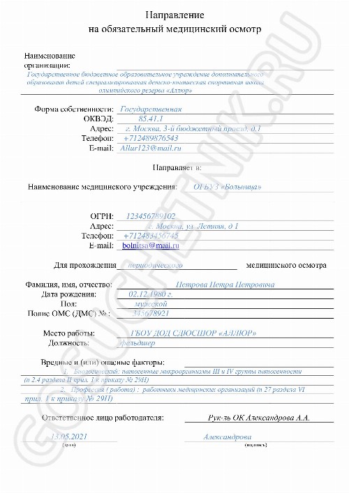 Образец направления на медосмотр по приказу № 29н в 2024 году