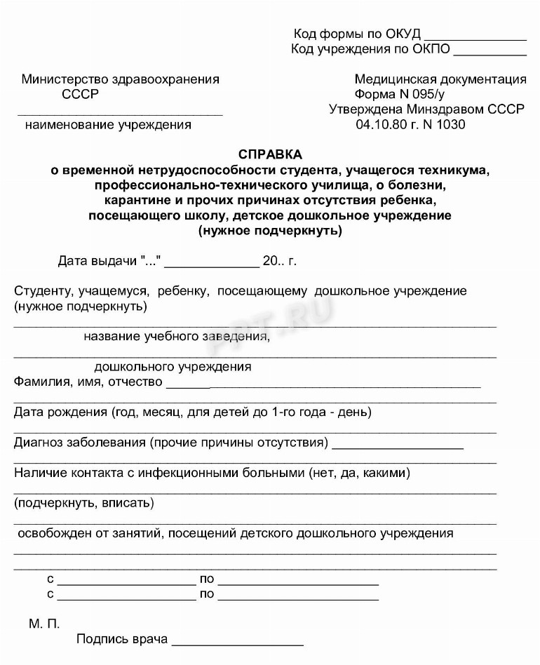 Образец справки о временной нетрудоспособности учащегося в 2024 году