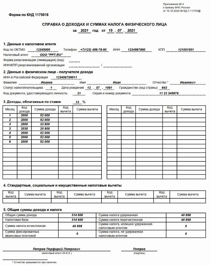 Образец 2 ндфл 2022 для сотрудника