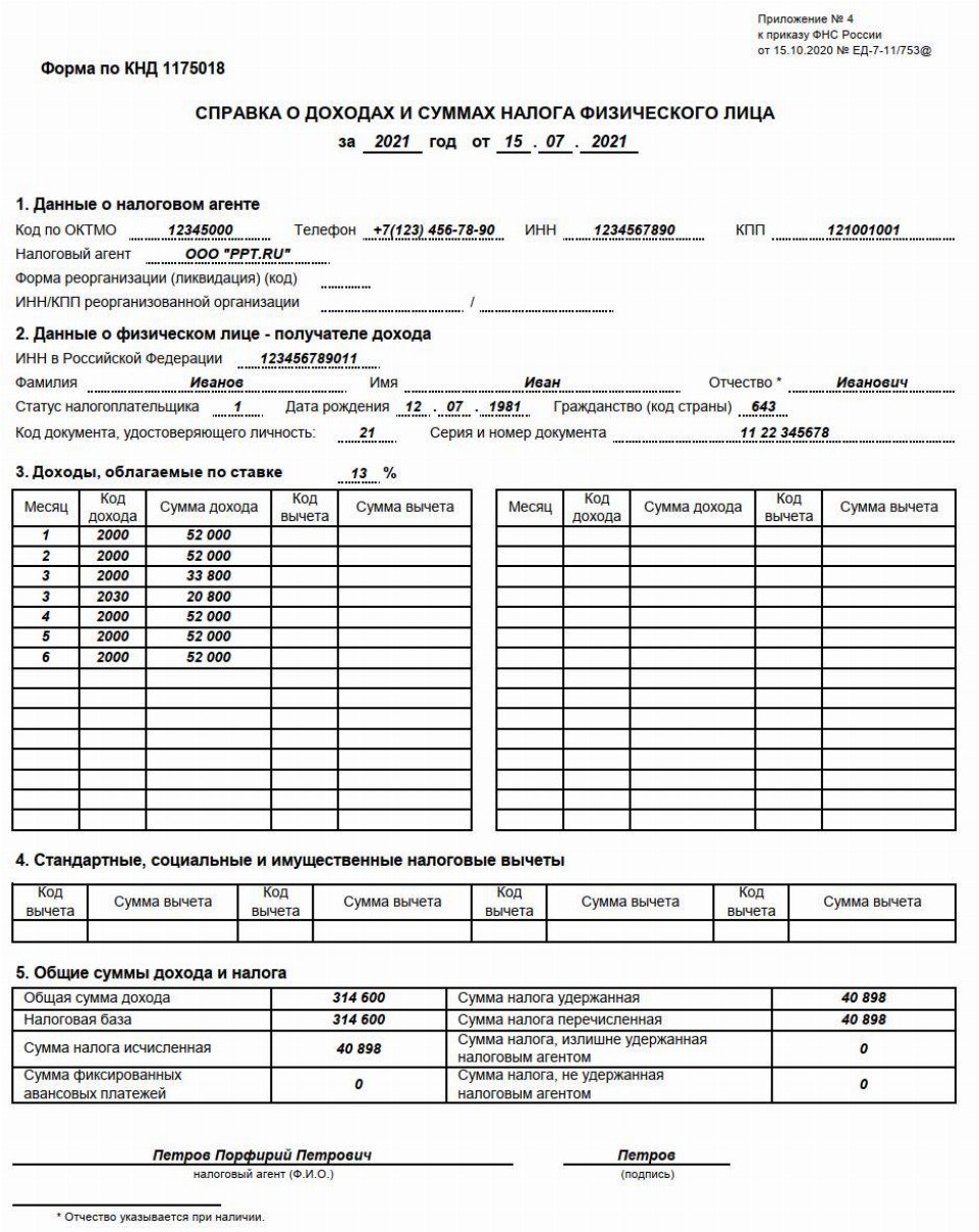 Образец справки 2 ндфл за 2022 год для сотрудника