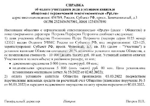 Образец справки об оплате доли в уставном капитале в ООО в 2024 году