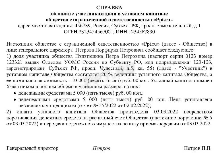 Образец справки об оплате доли в уставном капитале в ООО в 2024 году