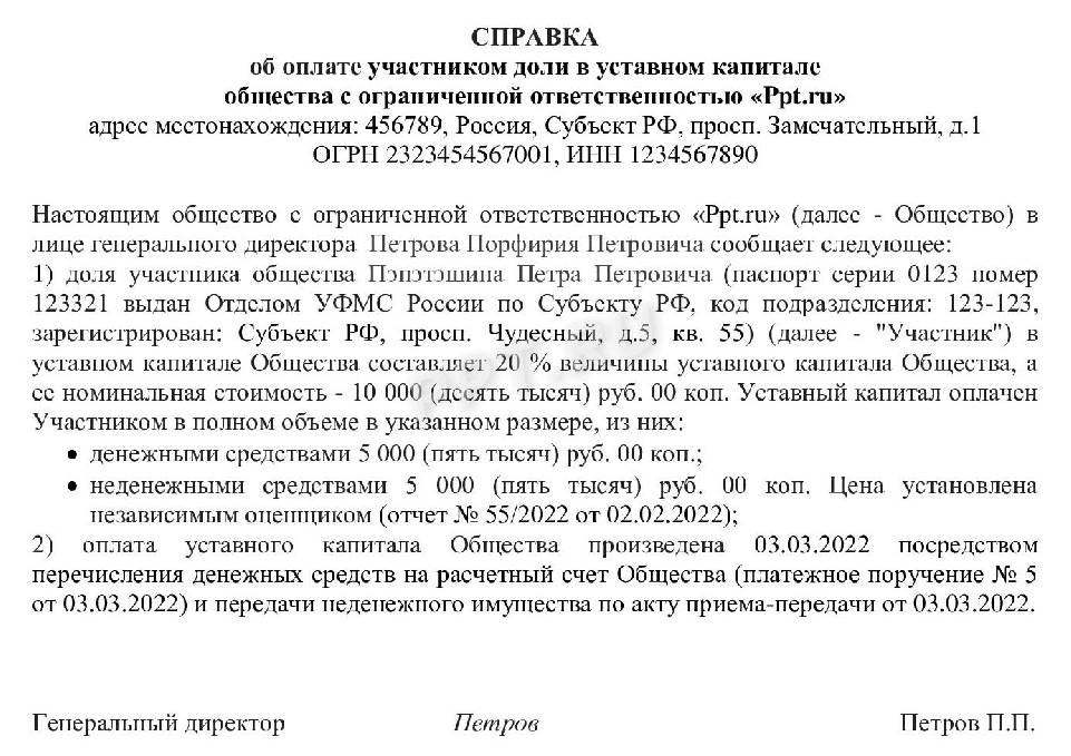 Образец справки об оплате доли в уставном капитале в ООО в 2024 году