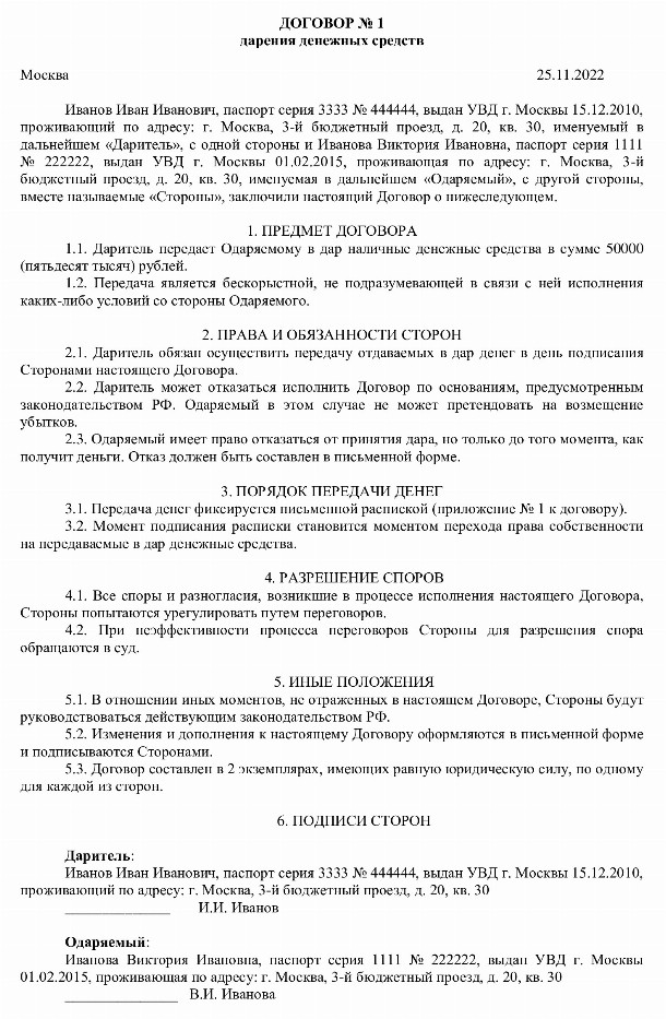 Образец договора дарения денежных средств между родственниками в 2025 ...