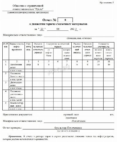 Отчет по расходу гсм за месяц образец