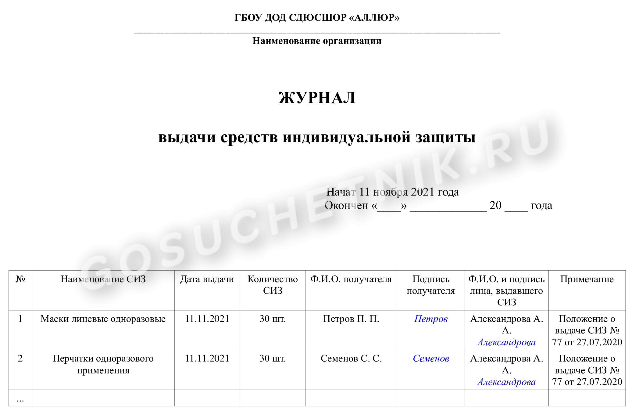 Скачать образец заполнения журнала выдачи СИЗ в 2024 году. Журнал учета  выдачи СИЗ