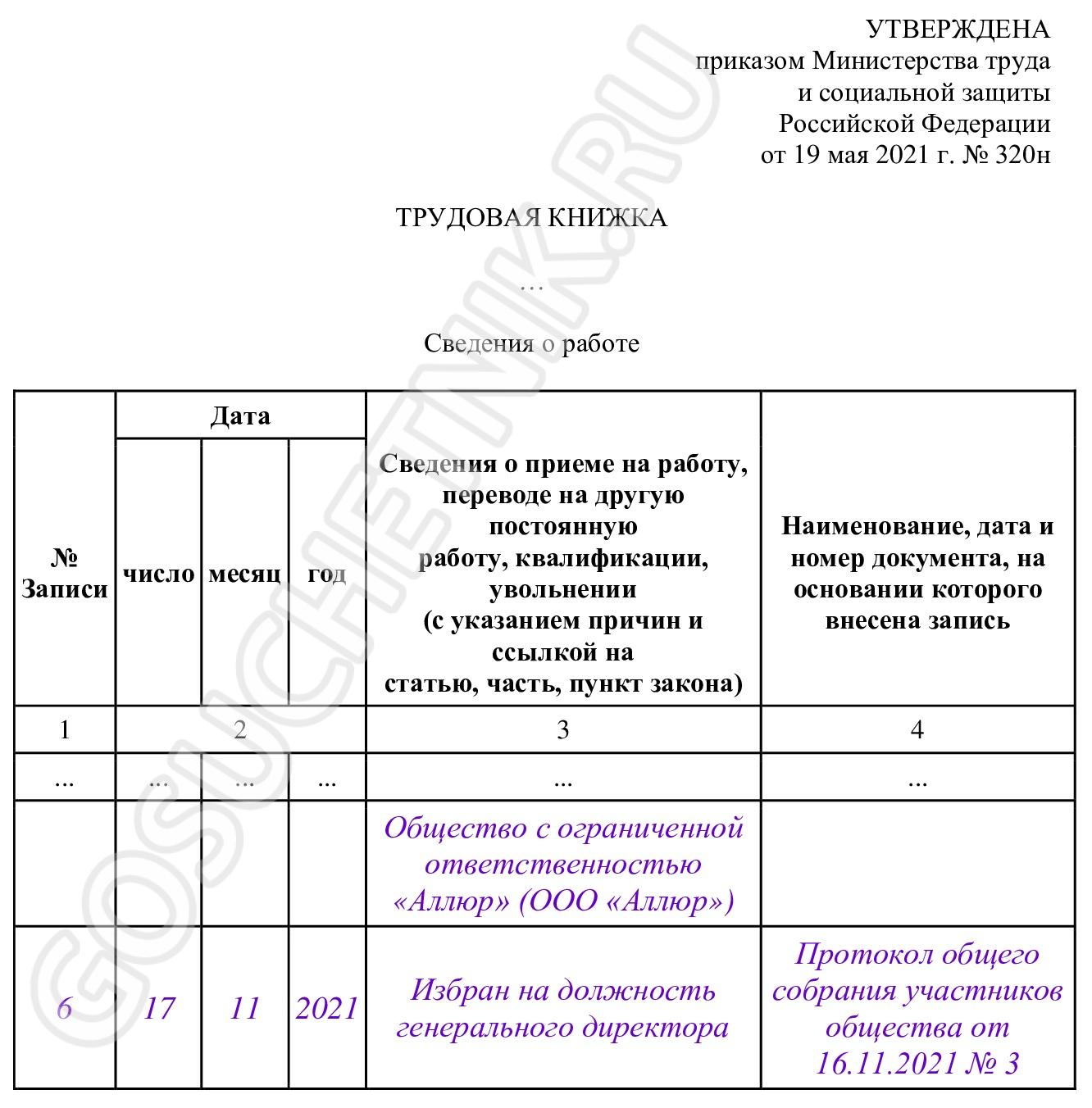 Запись в трудовой книжке о продлении полномочий генерального директора