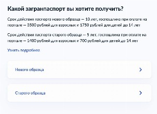 Варианты выбора вида паспорта