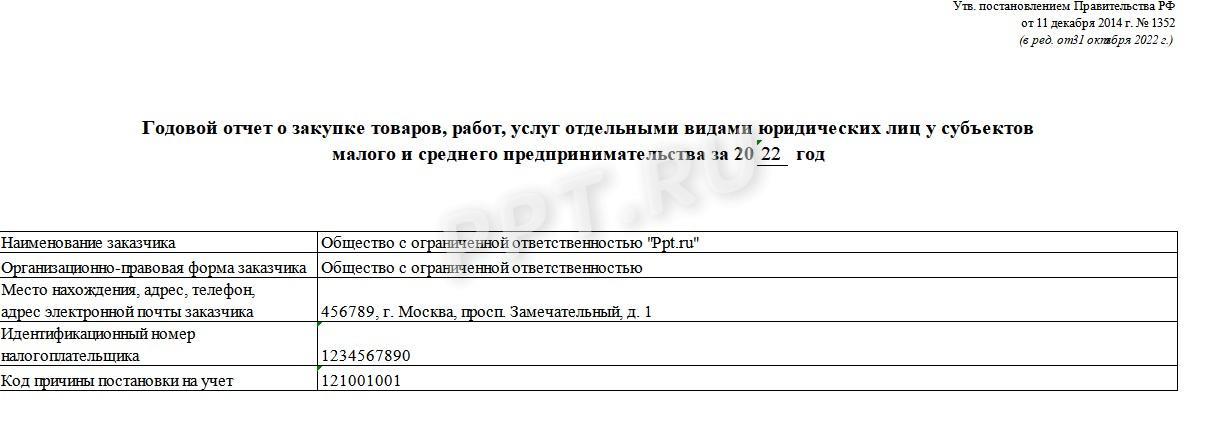 Образец годового отчета о закупках у субъектов МСП, стр. 1