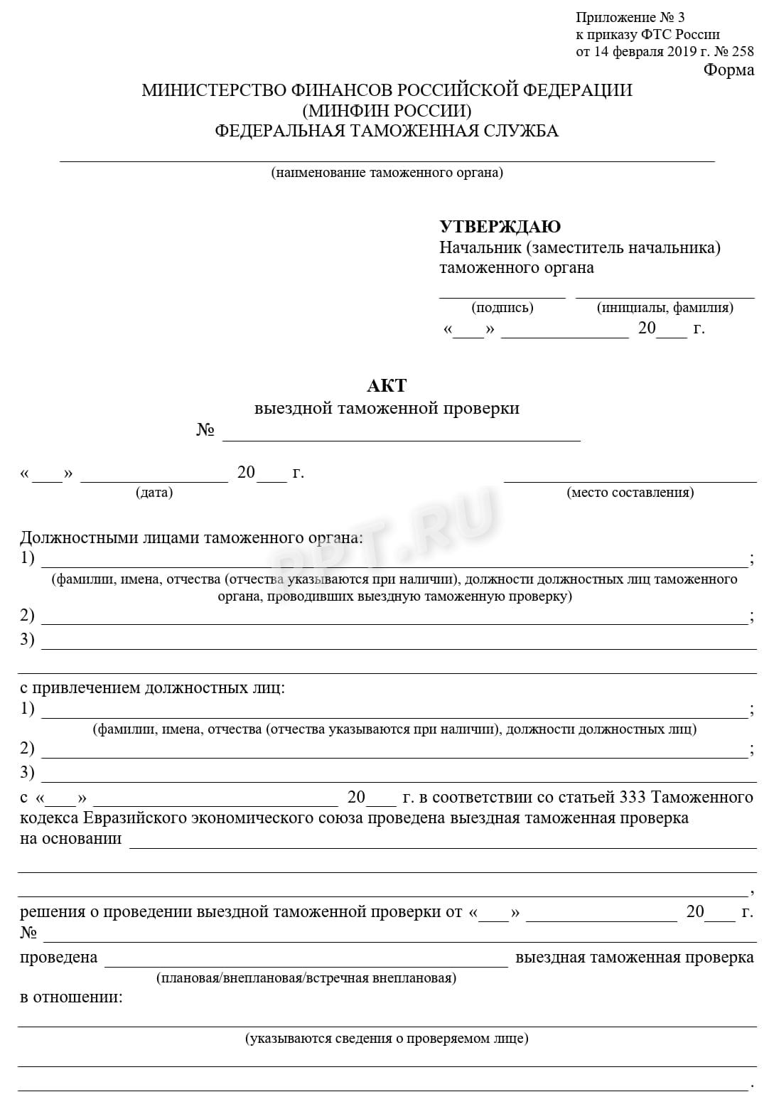 Шаблон акта по результатам проведения выездной проверки, 1 стр.