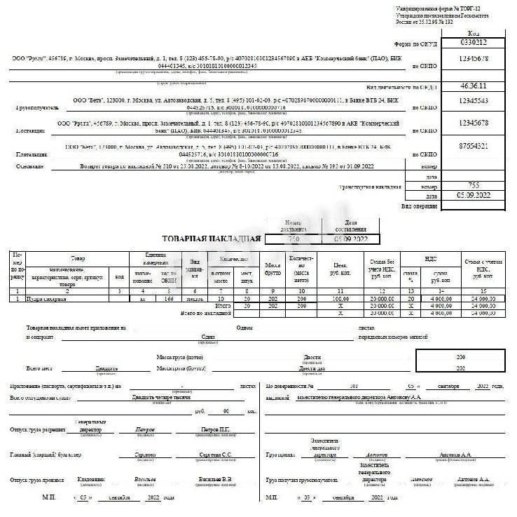 Оформление возвратной накладной поставщику образец