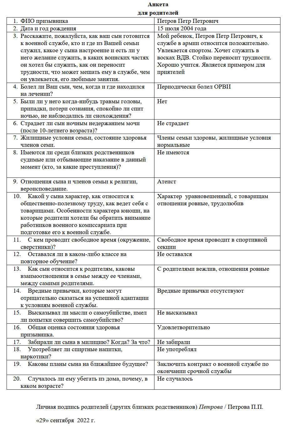 Состав материальное положение семьи анкета призывника образец заполнения