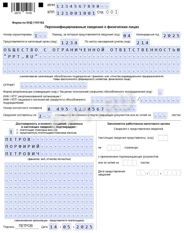 Титульный лист персонифицированных сведений при их корректировке Титульный лист персонифицированных сведений при их корректировке