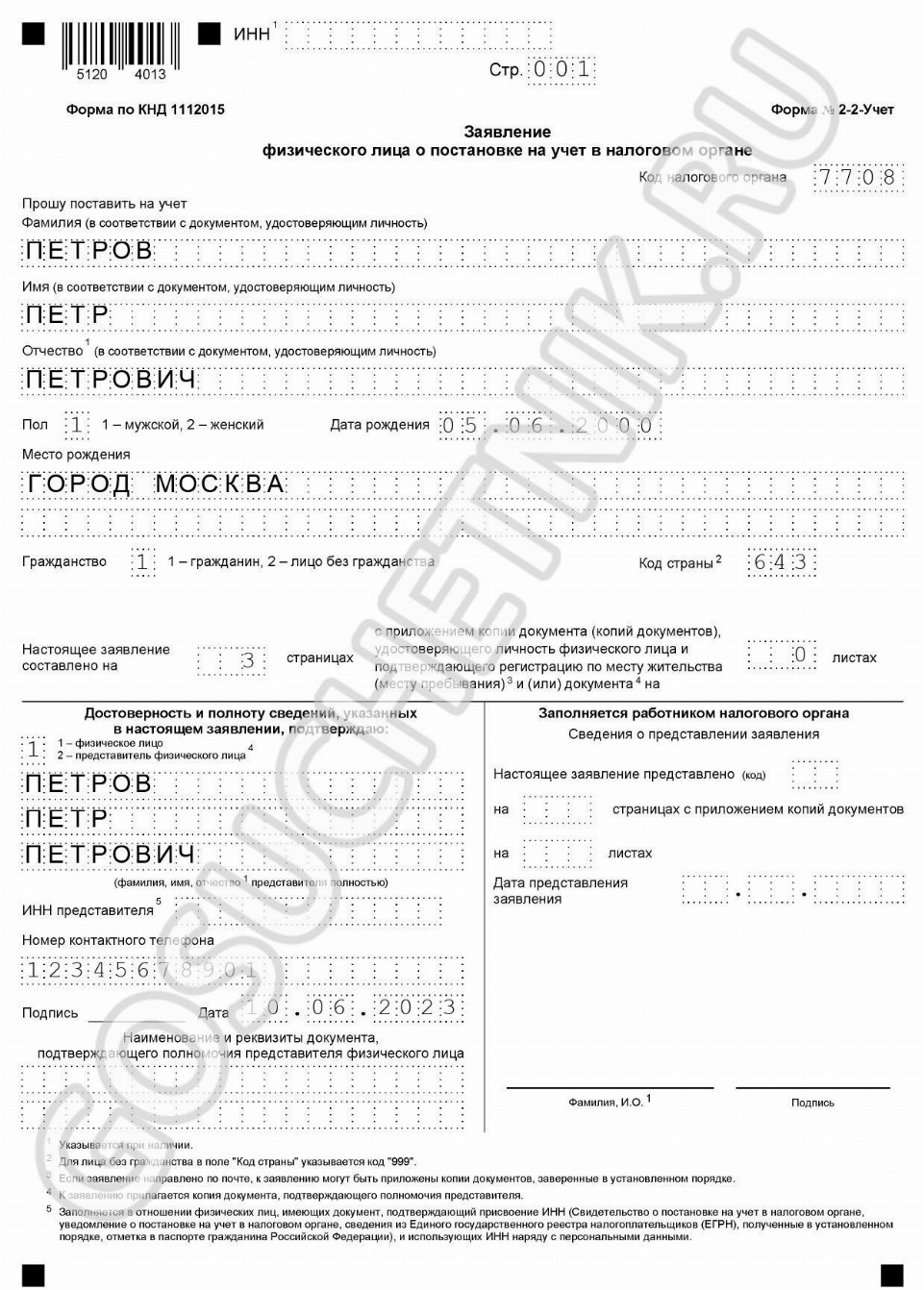 Образец заполнения заявления на получение ИНН в 2024 году