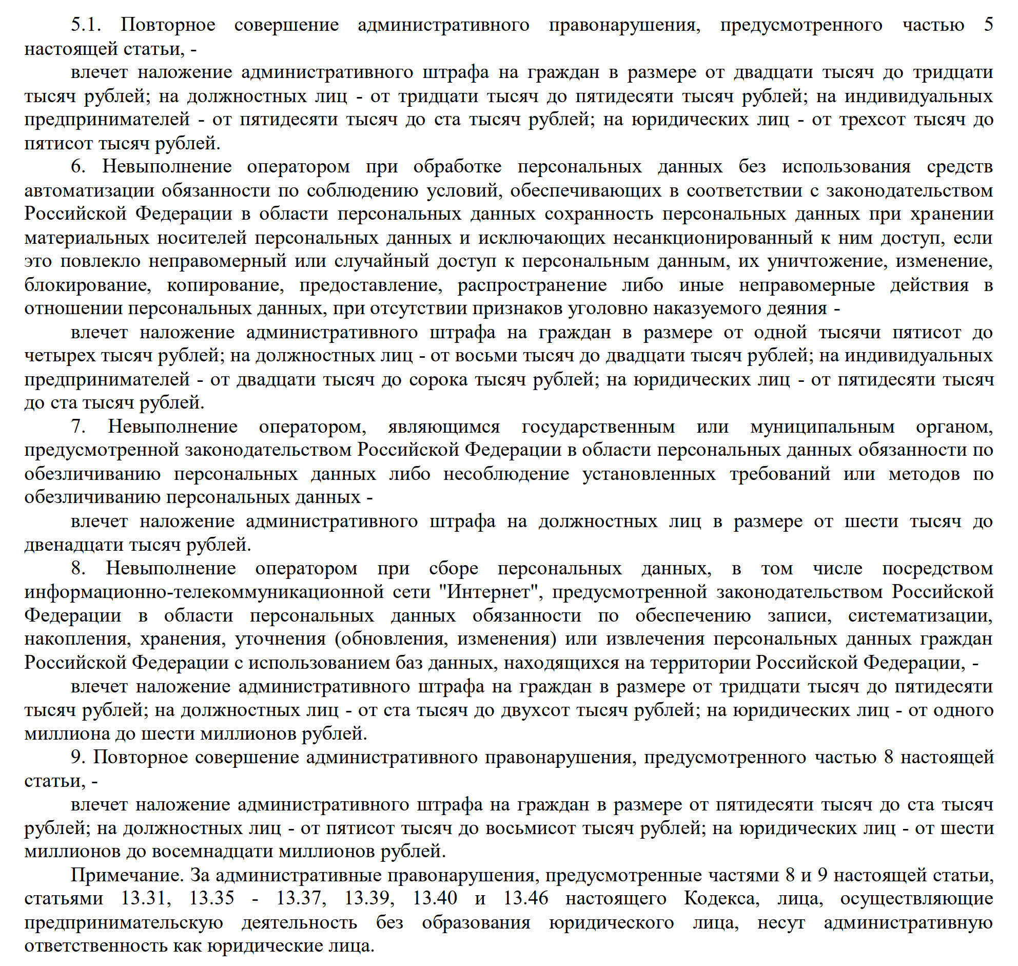Административная ответственность за нарушение обработки персональных данных