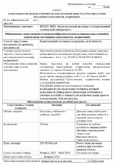 Отчет с обоснованием закупки у единственного поставщика 2024 | Скачать ...