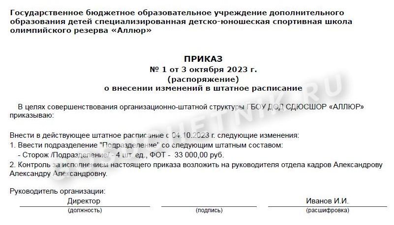 Приказ о внесении изменения в штатное расписание