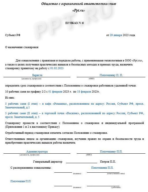 Приказ о назначении стажировки работнику