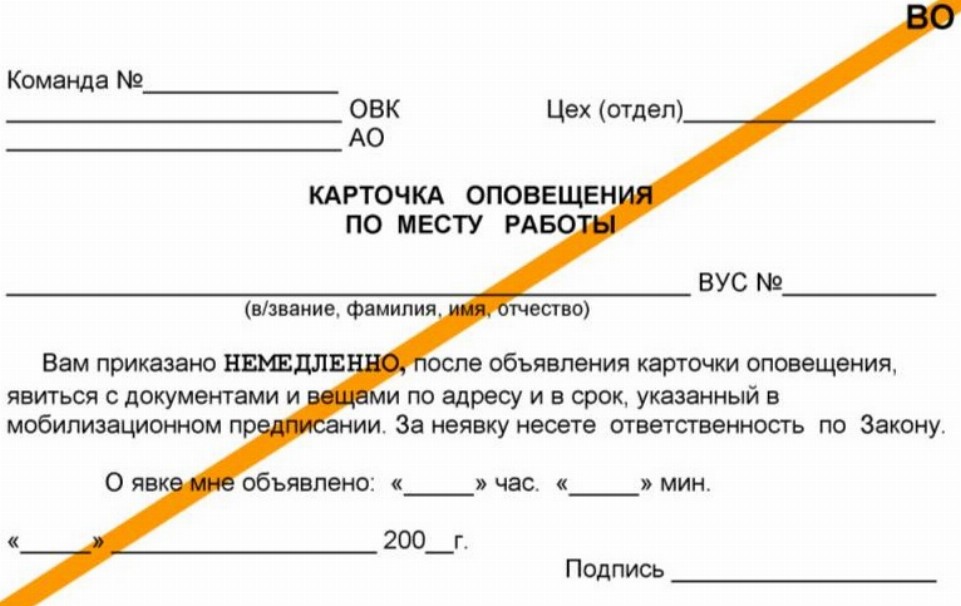 Образец карточки оповещения по воинскому учету в 2024 году