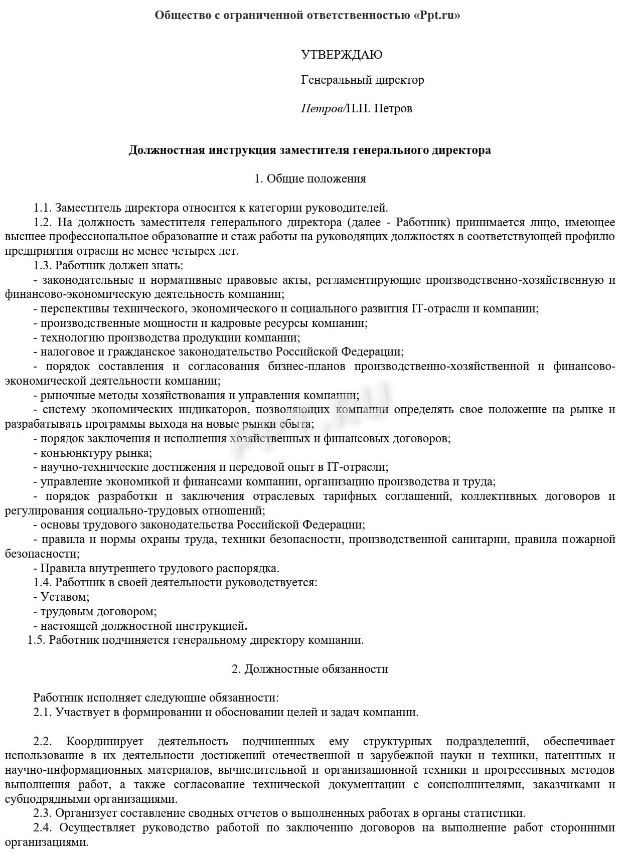 Должностные обязанности заместителя генерального директора в 2024 году