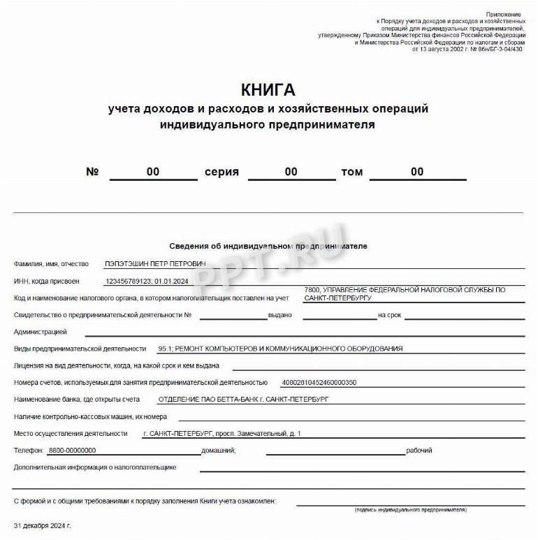 КУДИР для ИП на ОСНО: образец в 2024 году