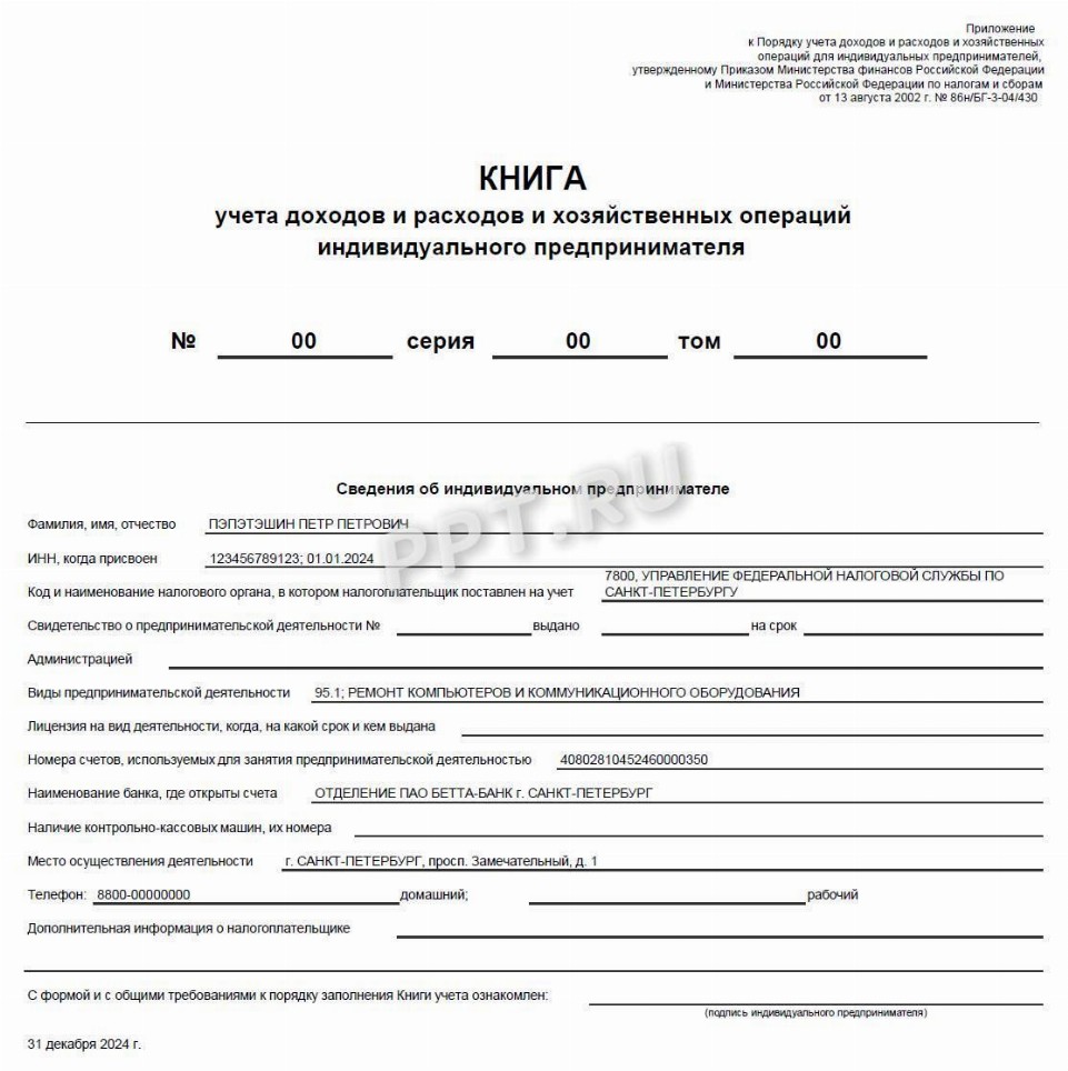 КУДИР для ИП на ОСНО: образец в 2024 году