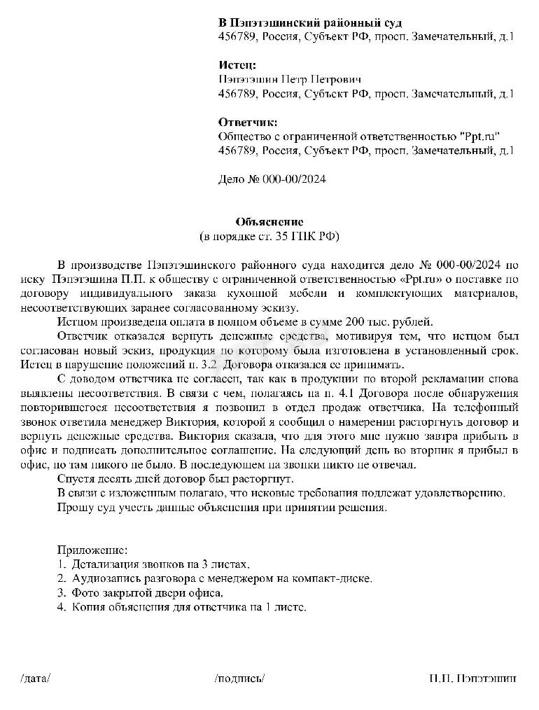 Образец письменных пояснений по гражданскому делу